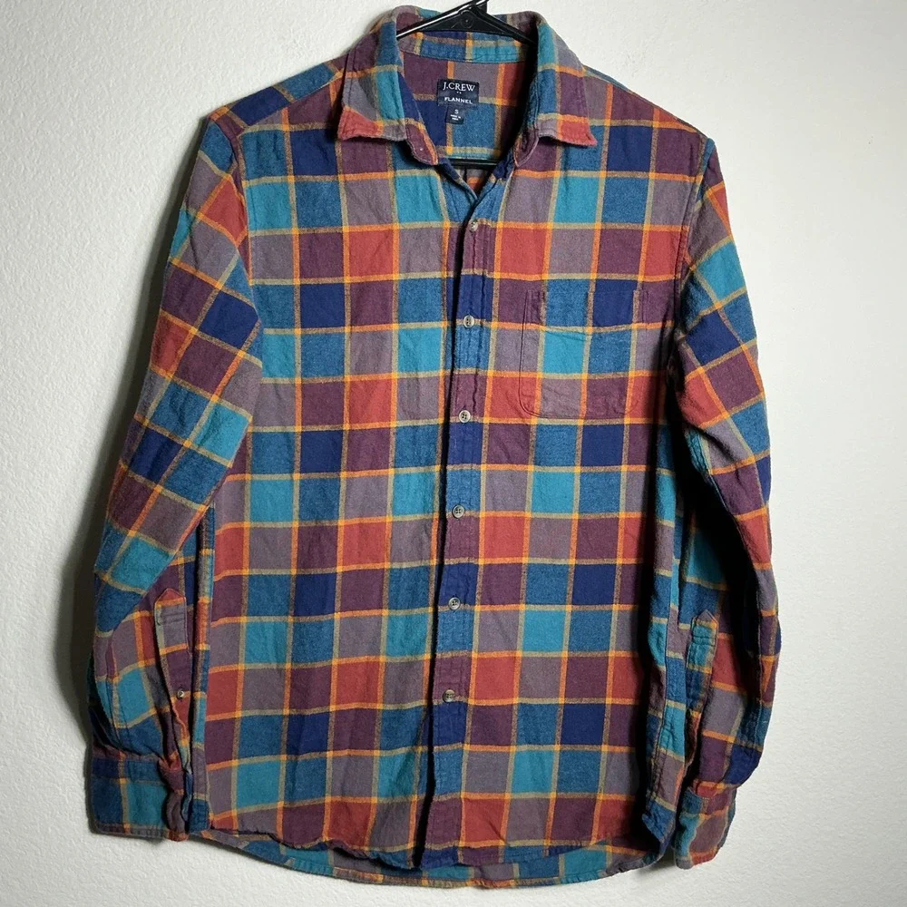 J. Crew Flannel Shirt Mens Small MultiColor Plaid Re-Imagined Cotton Button Down